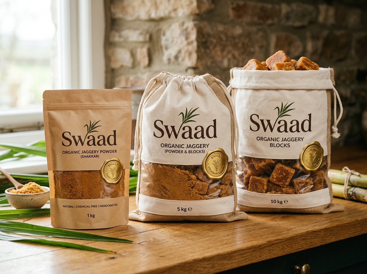 Swaad Naturals Organic Jaggery eco-friendly packaging options (1 kg, 5 kg, 10 kg)
